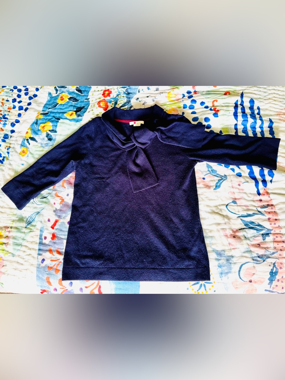 Boden Navy Tie Neck Knit Sweater 3/4 Sleeve US 8 / UK 12